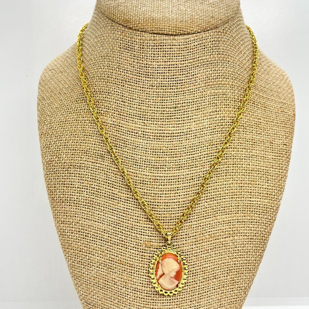 Vintage Cameo Necklace Gold Tone Victorian Lady Portrait Pendant